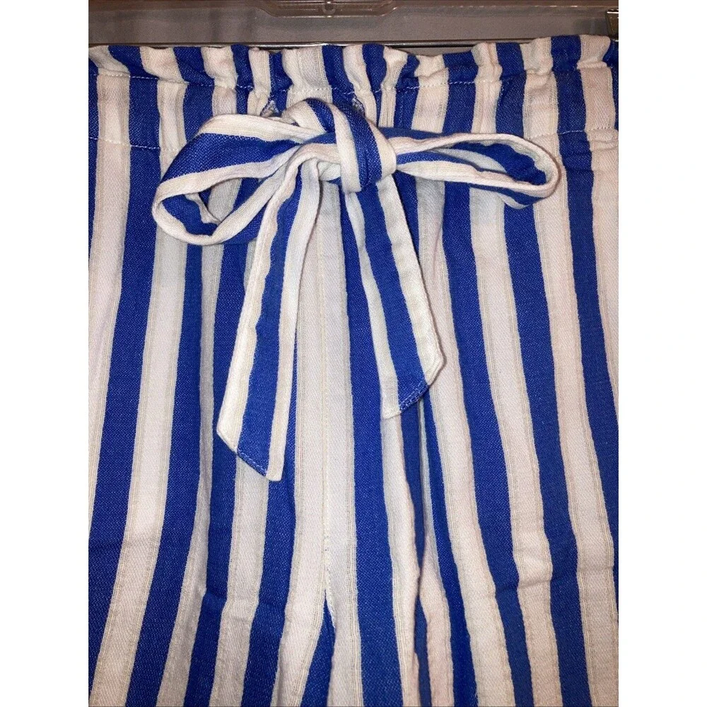 J Crew Womens XS Blue‎ White Striped Linen Blend Paperbag Tie Waist Shorts Beach